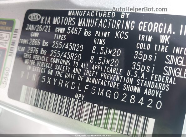 5XYRKDLF5MG028420 2021 KIA SORENTO Silver Engine compartment view
