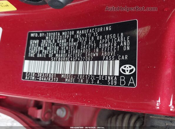 5YFBURHE4GP427067 2016 TOYOTA LL Красный Вид подкапотного пространства