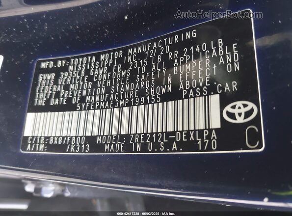 5YFEPMAE3MP199155 2021 TOYOTA LL Blue Widok komory silnika
