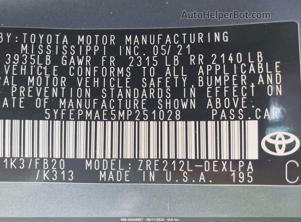 5YFEPMAE5MP251028 2021 TOYOTA LL Blue Engine compartment view