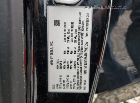 5YJ3E1EA4MF917357 2021 TESLA MODEL Черный Вид наклейки с VIN-кодом