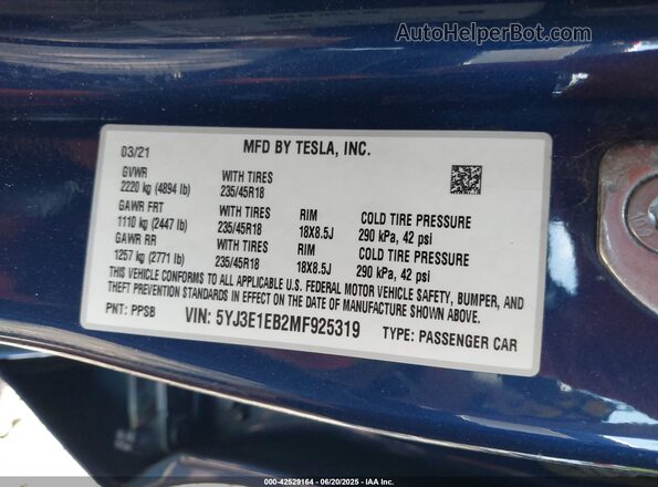5YJ3E1EB2MF925319 2021 TESLA MODEL 3 Синий Вид подкапотного пространства