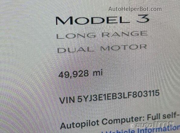5YJ3E1EB3LF803115 2020 TESLA MODEL 3 White Przód lewy