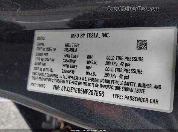 5YJ3E1EB5NF257856 2022 TESLA MODEL 3 Gray Շարժիչի բաժամունքի տեսք
