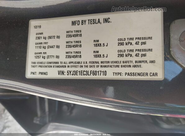 5YJ3E1EC3LF601710 2020 TESLA MODEL 3 Gray 
