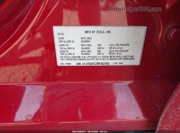 5YJYGDEE2MF062405 2021 TESLA MODEL Y Red Engine compartment view