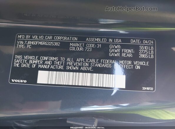 7JRH60FM6RG325382 2024 VOLVO S60 RECHARGE PLUG-IN HYBRID Black Widok komory silnika