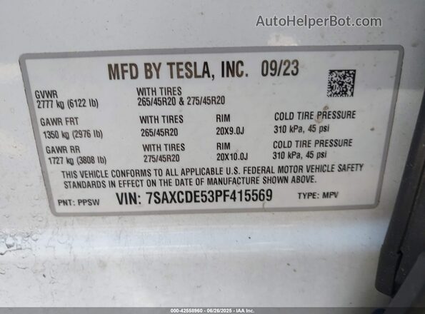 7SAXCDE53PF415569 2023 TESLA MODEL X White Շարժիչի բաժամունքի տեսք