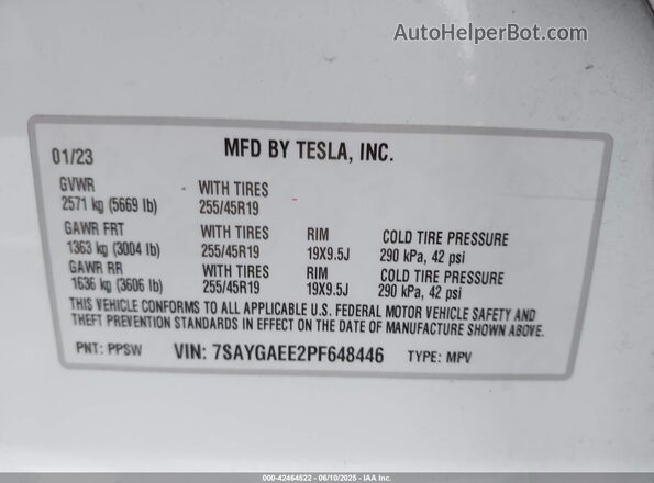 7SAYGAEE2PF648446 2023 TESLA MODEL Y White Engine compartment view