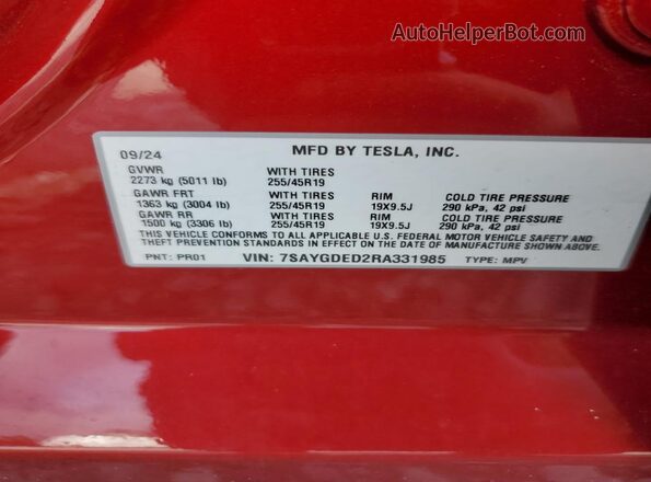7SAYGDED2RA331985 2024 TESLA MODEL Красный 