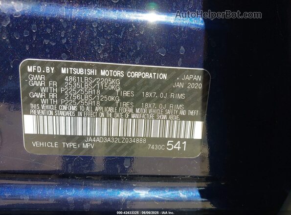 JA4AD3A32LZ034888 2020 MITSUBISHI OUTLANDER Dark Blue Вид підкапотного простору