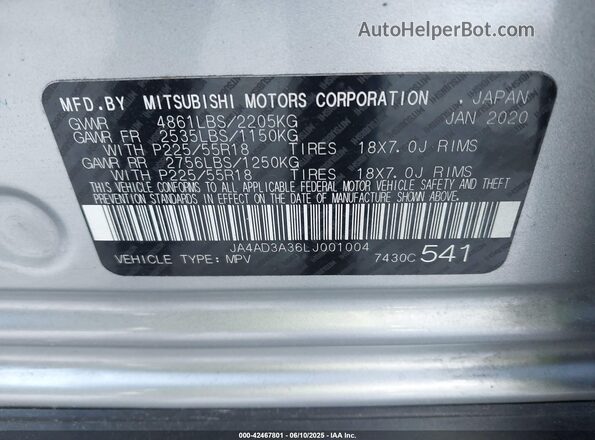 JA4AD3A36LJ001004 2020 MITSUBISHI OUTLANDER Silver Widok komory silnika