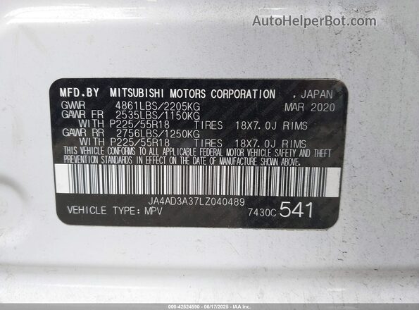 JA4AD3A37LZ040489 2020 MITSUBISHI OUTLANDER White Widok komory silnika