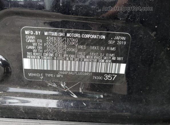JA4AP3AU7LU009451 2020 MITSUBISHI OUTLANDER Black Вид наклейки з VIN-кодом