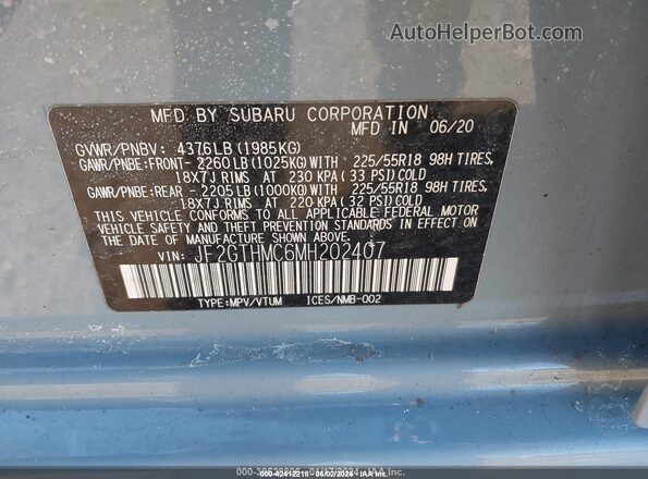 JF2GTHMC6MH202407 2021 SUBARU CROSSTREK Light Blue Vista del compartimento del motor