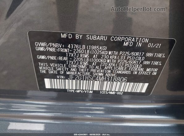 JF2GTHSC4MH318806 2021 SUBARU CROSSTREK Gray Widok komory silnika