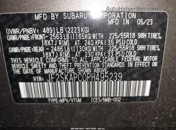 JF2SKAPC0PH495239 2023 SUBARU FORESTER Brown Շարժիչի բաժամունքի տեսք