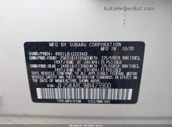 JF2SKARC3MH423900 2021 SUBARU FORESTER White Widok komory silnika