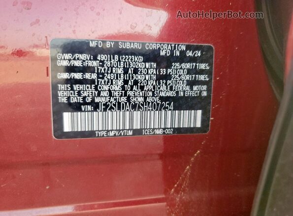 JF2SLDAC7SH407254 2025 SUBARU FORESTER Burgundy VIN კოდის სტიკერის ხედი