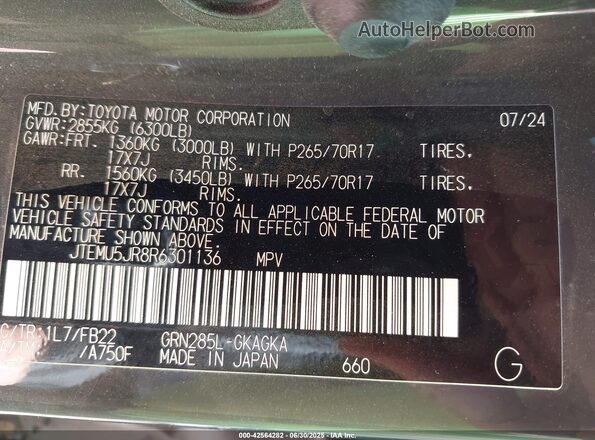 JTEMU5JR8R6301136 2024 TOYOTA 4RUNNER Gray 