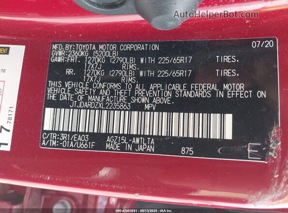 JTJDARDZXL2235863 2020 LEXUS NX 300 Red Vista del compartimento del motor