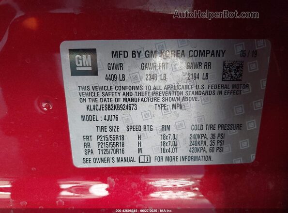 KL4CJESB2KB924673 2019 BUICK ENCORE Red Շարժիչի բաժամունքի տեսք