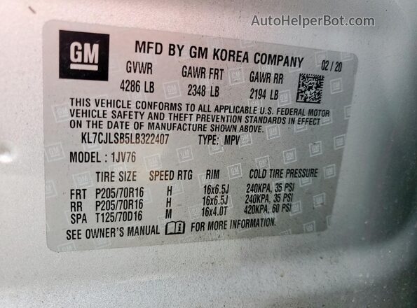 KL7CJLSB5LB322407 2020 CHEVROLET TRAX Silver 