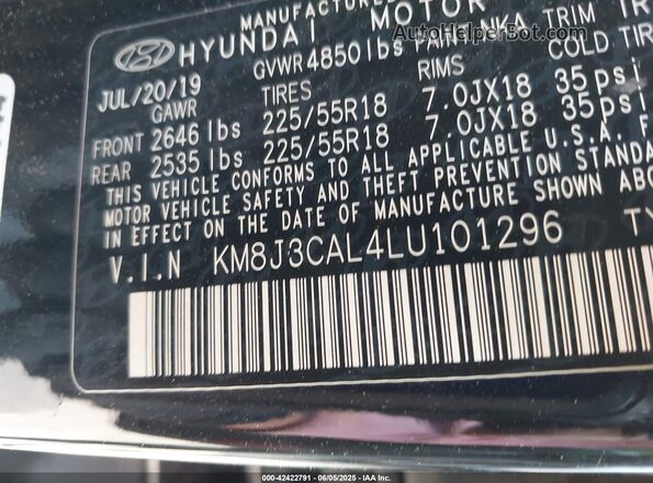 KM8J3CAL4LU101296 2020 HYUNDAI TUCSON Black Vista del compartimento del motor
