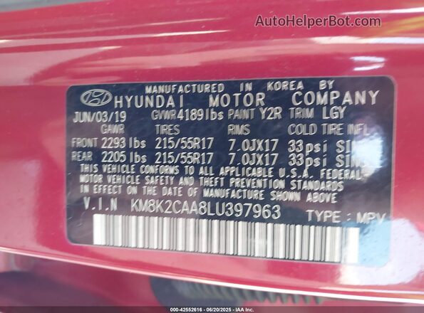 KM8K2CAA8LU397963 2020 HYUNDAI KONA Красный Вид подкапотного пространства