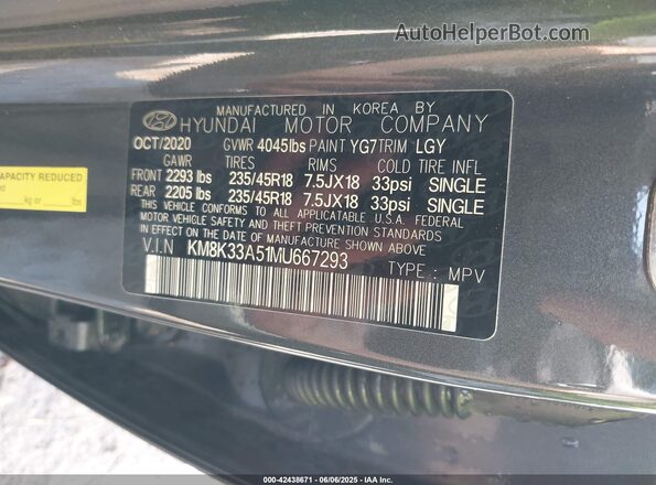 KM8K33A51MU667293 2021 HYUNDAI KONA Gray 