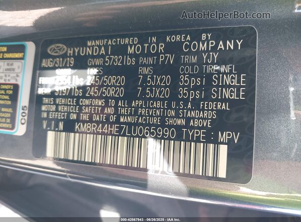 KM8R44HE7LU065990 2020 HYUNDAI PALISADE Gray Engine compartment view