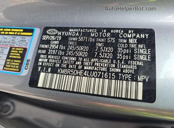 KM8R5DHE4LU071615 2020 HYUNDAI PALISADE  Вид наклейки з VIN-кодом