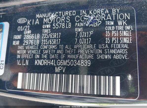 KNDRH4LG6M5034839 2021 KIA SORENTO HYBRID Black Widok komory silnika
