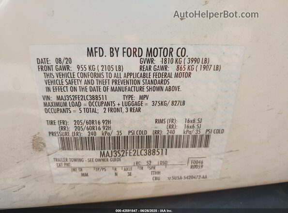 MAJ3S2FE2LC388511 2020 FORD ECOSPORT White Engine compartment view