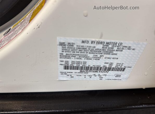 MAJ3S2FE6MC443592 2021 FORD ECOSPORT  