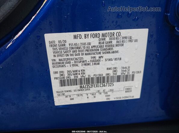 MAJ3S2FEXLC367325 2020 FORD ECOSPORT Blue Widok komory silnika