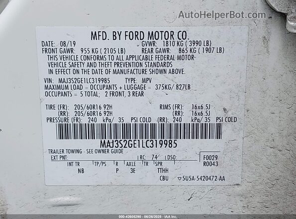MAJ3S2GE1LC319985 2020 FORD ECOSPORT White Engine compartment view
