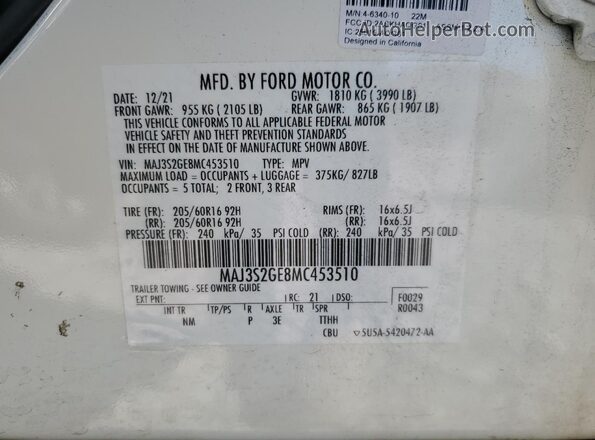 MAJ3S2GE8MC453510 2021 FORD ECOSPORT White Vista de la etiqueta del VIN
