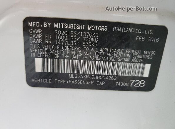 ML32A3HJ9HH004262 2017 MITSUBISHI MIRAGE Белый 