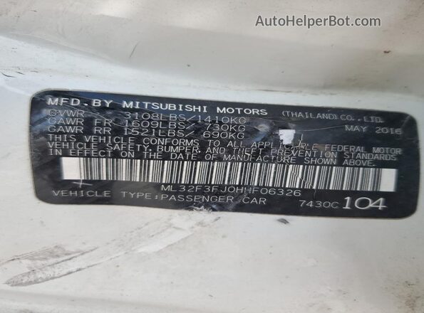 ML32F3FJ0HHF06326 2017 MITSUBISHI MIRAGE White 