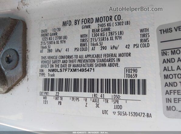 NM0LS7F7XM1495471 2021 FORD TRANSIT CONNECT White 