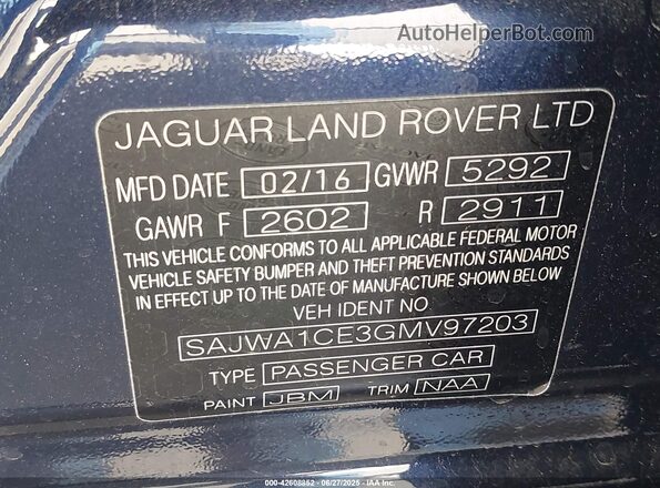 SAJWA1CE3GMV97203 2016 JAGUAR XJ Синий Вид подкапотного пространства