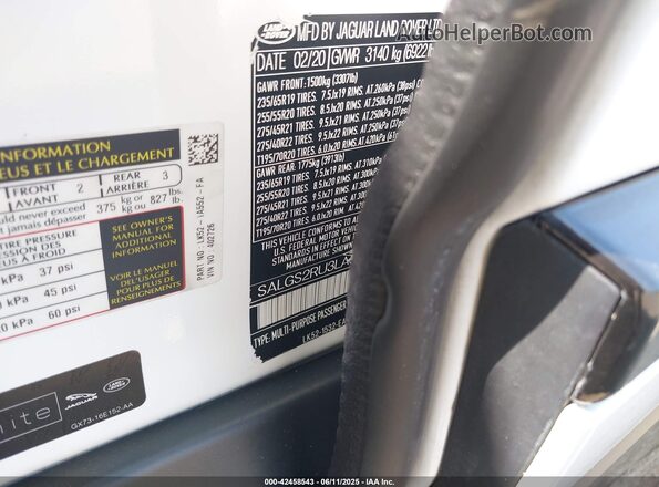 SALGS2RU3lA402726 2020 LAND ROVER RANGE ROVER White VIN կոդի պիտակի տեսք