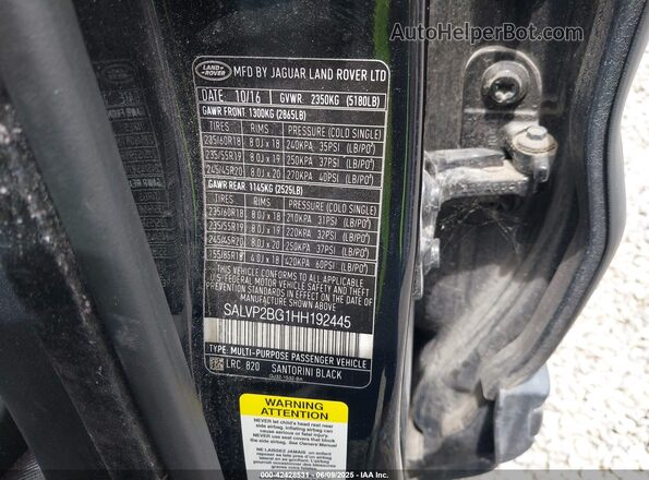 SALVP2BG1HH192445 2017 LAND ROVER RANGE ROVER EVOQUE Black Շարժիչի բաժամունքի տեսք