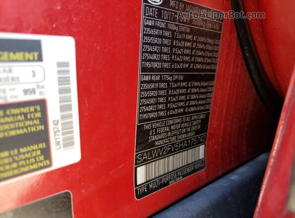 SALWV2FV5HA175742 2017 LAND ROVER RANGE Бордовый Вид наклейки с VIN-кодом