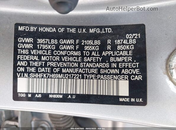SHHFK7H69MU217221 2021 HONDA CIVIC Silver Շարժիչի բաժամունքի տեսք