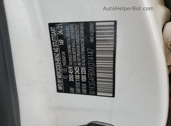 W1K3G4FB0MJ314147 2021 MERCEDES-BENZ A-CLASS Белый 