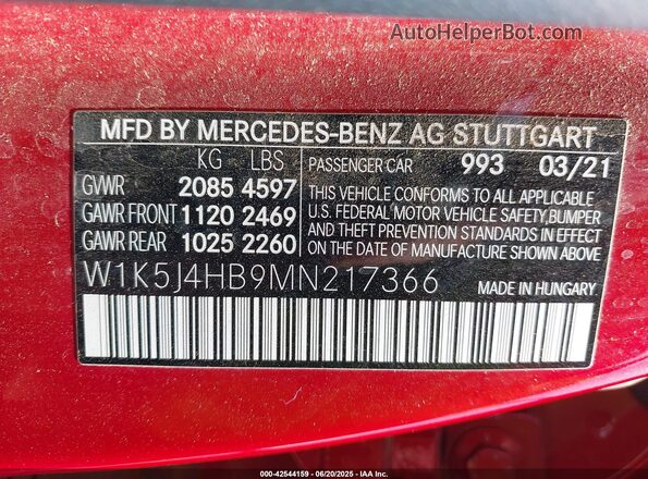 W1K5J4HB9MN217366 2021 MERCEDES-BENZ CLA 250 Maroon 