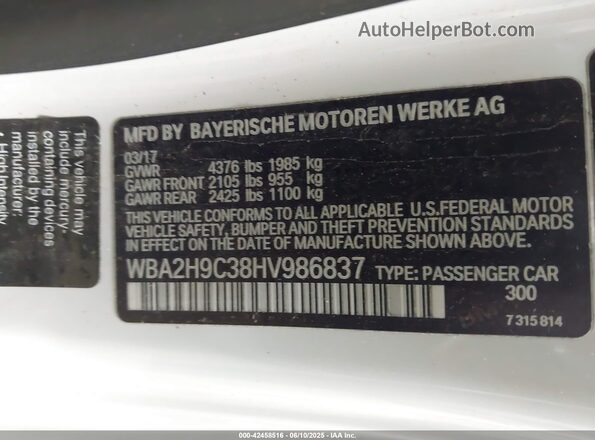 WBA2H9C38HV986837 2017 BMW 2 SERIES Белый Вид подкапотного пространства