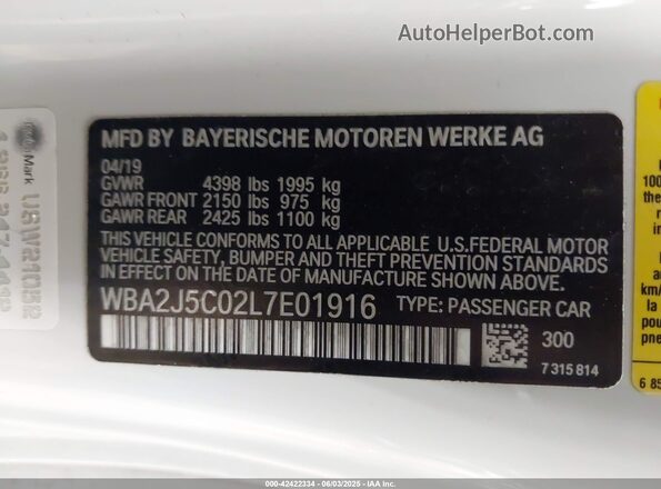 WBA2J5C02L7E01916 2020 BMW M2 White Вид підкапотного простору